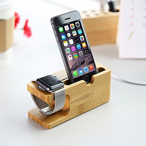 LEMCO - Apple iPhone Stand, Charging Dock for Apple iWatch 38mm 42mm, 100% Natural Bamboo Wood