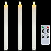 Homemory 3 Pcs Waxy Flameless Taper Candles with Remote, Flickering Battery Operated Taper Candles, Led Flameless Candlesticks Classic Tall Candle for Home, Wedding, Party, White, 9.6 inches