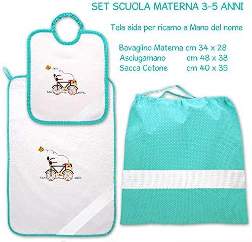 Coccole nursery set with “Green Bicycle” – Green – 3 Months - 5 Years. To embroider with Aida cloth