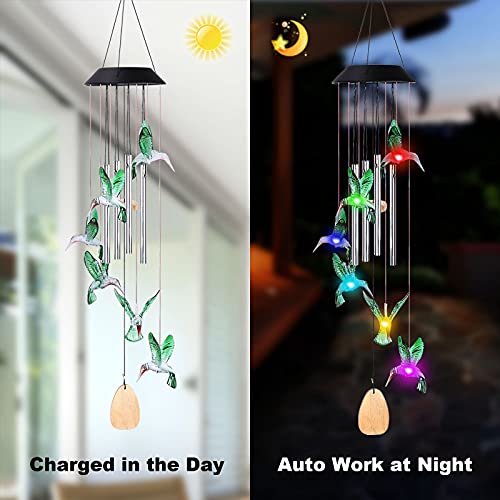 Hummingbird Solar Wind Chimes for Outside, LiveGo 32 Inch Large Waterproof Hanging Memorial Windchimes with LED Color Changing Light for Mother Grandma Home Garden Decor, Silver