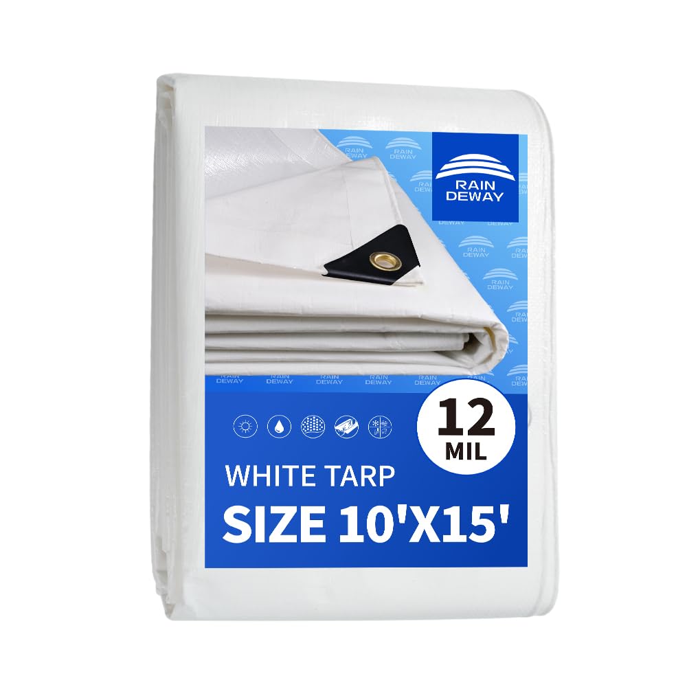 Photo 1 of RAINDEWAY 12 Mil Heavy Duty White Tarp 10x15 Feet, UV Resistant, Waterproof, Weatherproof Poly Tarp with Metal Grommets and Reinforced Edges