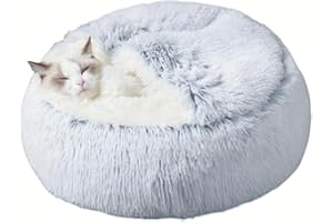 ZaneSun Calming Round Dog Beds &Cat Cave Bed with Hooded Cover,Plush Fluffy Dog Bed Anti-Anxiety Cat Cave Bed,Waterproof Bottom Washable (Grey, 25.6X 25.6inch), Z-HC86