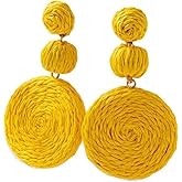Handmade Boho Drop Earrings for Women – Colorful Raffia Ball Dangle Jewelry, Lightweight Rattan Beaded Summer Earrings, Beachy Bohemian Statement Accessories