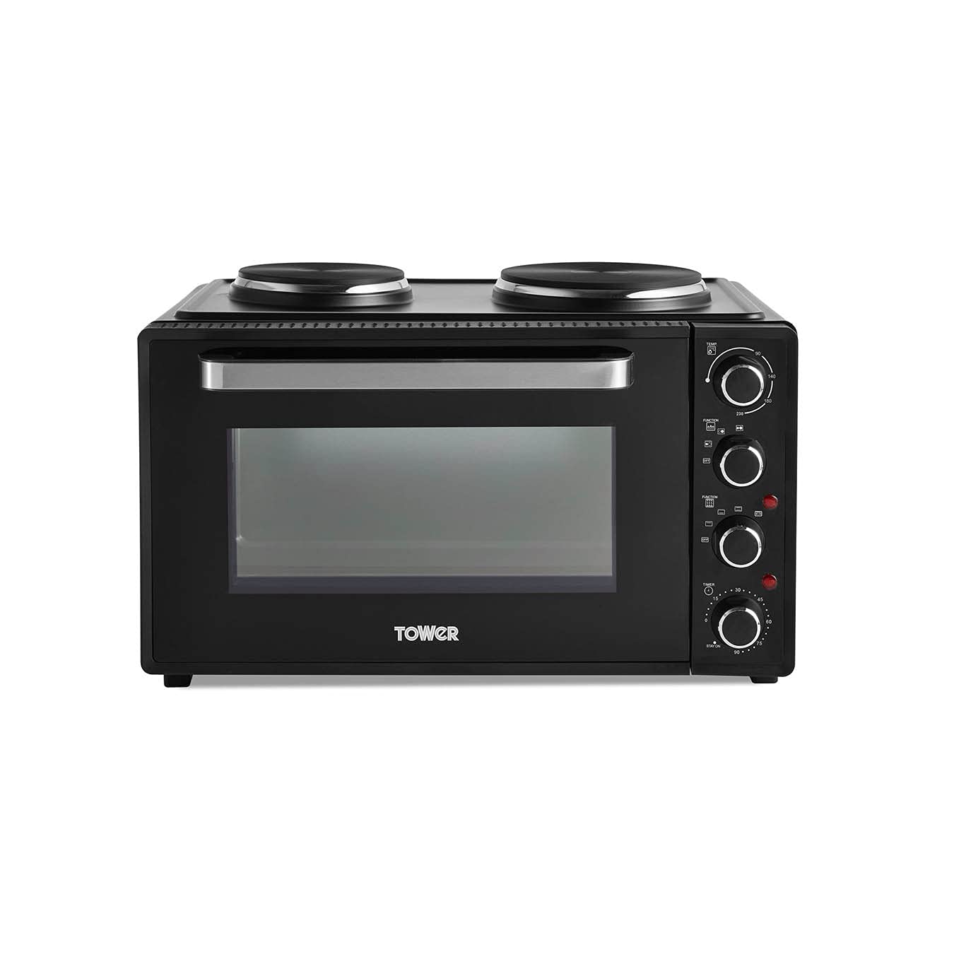 Tower Mini Oven with Adjustable Temperature Control, 42 Litre, 90 Minute Timer, Baking Tray and Wire Rack, Black with Silver Accents, T14045