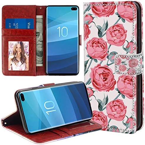 Wallet Case for Samsung Galaxy S10+ PU Leather Flower Red Rose Shock-Absorption Bumper Cover Flip Folio Case with Kickstand