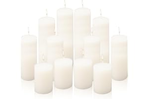 Anzices Pillar Candles, 12 Pack Ivory Unscented Candles 3 Sizes Tall Votive Candle, 24|45|60 Hours Burning, White Smokeless W