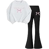 RoseSeek Girl's 2 Piece Outfits Graphic Crewneck Sweatshirts and Long Flare Pants Set Spring Fall Clothes