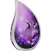 NANIURN Urn for Ashes for Women & Male, Cremation Urns for Human Ashes Adult Female and Man, Funeral Urn, Large Tear Drop Model Decorative, Burial, Purple Flower with Hummingbird - Full Size Teardrop