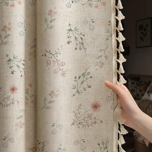 XOGUIBO Boho Floral 100% Blackout Curtains for Bedroom 84 Inch Length 2 Panels Set, Linen Texture Farmhouse Curtains Beige Tassel for Living Room Vintage Rustic Patterned Printed Western Rod Pocket