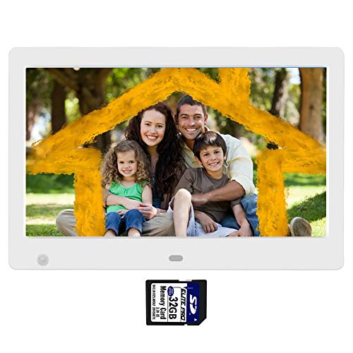 Ausemku 10.1 inch Digital Photo Frame, 1024 x 600 Full HD IPS Electronic Picture Frame for Displaying Photo, Music, Video, Calendar, Time with 32GB SD Memory Card Included, Support USB and SD Card