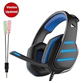 PC Gaming Headset with Mic for PS4 Daping Over Ear Stereo Bass Headphones with Microphone Volume Control LED Light Splitter for PC Smartphone Laptop, 3.5 Jack, Balck Blue