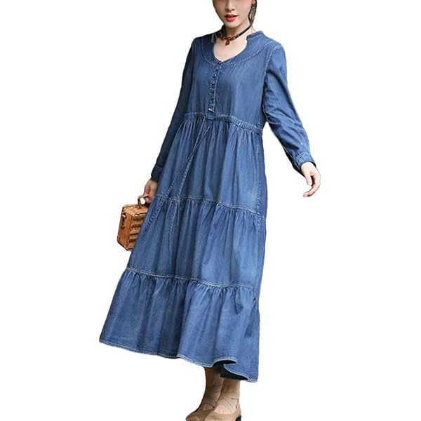Womens Vneck Embroidered High Waisted A Line Jean Dress Chinesestyle  Vintage Long Sleeve Denim Maxi Dress at Amazon Women's Clothing store