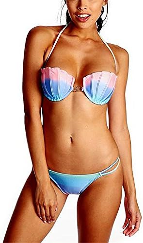 Bepo Women's Gradient Color Seashell Bikini Set Padded Push Up Mermaid Swimsuit (XL, Pink)