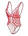 Garmol Women Lingerie Lace Bodysuit Deep V Neck Dobby Mesh Body Suits Teddy (Red, Large)