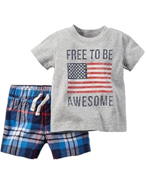 Carters Baby Clothing Outfit Boys 4th of July 2-Piece Top & Plaid Short Set Heather