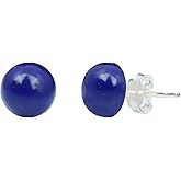 LYRA JEWELS Sterling Silver Navy Blue Lapis Lazuli Studs Handmade Round Stud Earrings for Women & Men December Birthstone Jewelry Gift For Special One