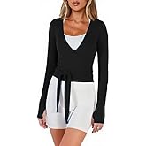 Women Wrap Top Y2K Stretchy Long Sleeve Deep V Neck Cross Tie Workout Ballet Blouse Thumb Hole Pilates Yoga Shirt