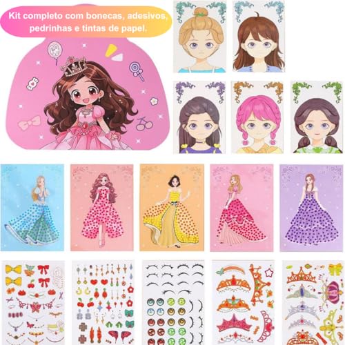 Maleta de Atividades Infantil Princesas – Pintar, Decorar e Brincar com Adesivos e Pedrinhas | Brinquedo Educativo e Criativo para Meninas | Presente para Crianças e Natal