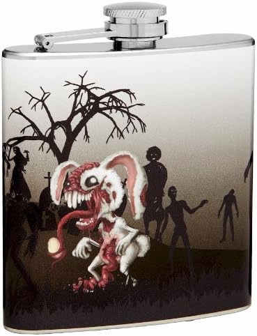 Hip Flask Holding 6 oz - Zombie Rabbit Design Pocket Size, Stainless Steel, Leak Proof, Screw-On Cap - Black, Red, White and Pink Wrapped Vinyl Finish Perfect for Engraving