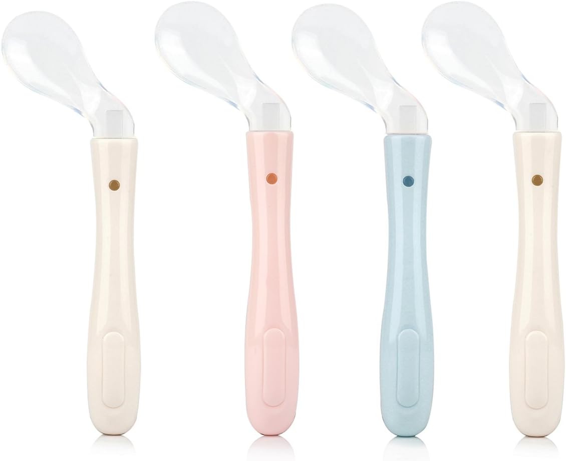 OneSky-UK Baby Weaning Spoon (Pack of 4), BPA Free Safety Soft Silicone for 4 Months+ Infant Solid Food Feeding (4 Bent)