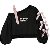 Off Shoulder Sweatshirts Teen Girls Lolita Kawaii Embroidered Heart Graphic Lace Up Crop Top Casual Pullover…