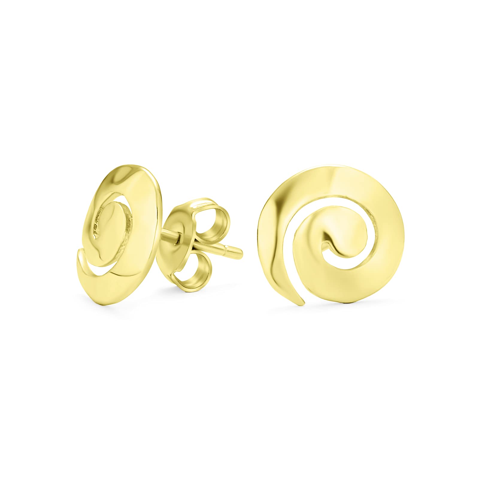 Boho Hammered Geometric Round Labyrinth Spiral Swirl Small Stud Earrings For Women Teen Yellow Gold Plated .925 Sterling Silver