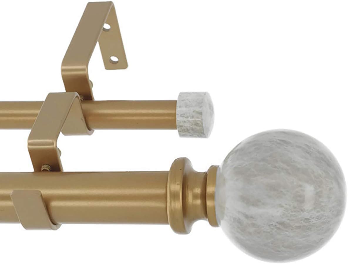 Meriville 1-Inch Diameter Double Window Treatment Curtain Rod, Spanish White Marble Ball Finial, 84-inch to 120-inch Adjustable, Royal Gold