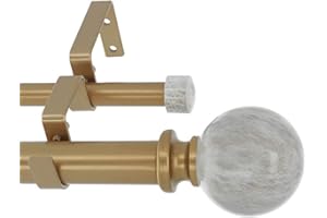 Meriville 1-Inch Diameter Double Window Treatment Curtain Rod, Spanish White Marble Ball Finial, 48-inch to 84-inch Adjustable, Royal Gold