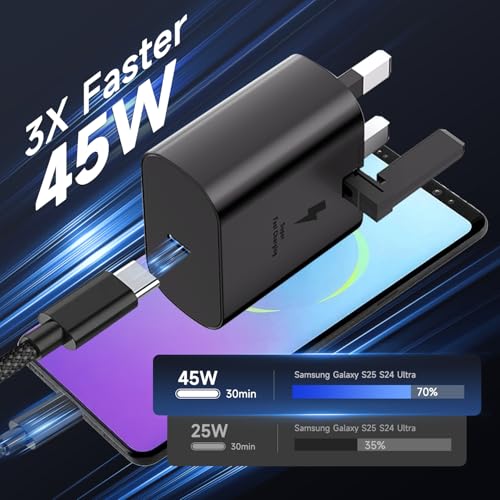 45W Super Fast USB C Charger for Galaxy S26 Ultra/S26+/S26/S25/S25+/S25 Ultra/S24/S24 Ultra/S23/S22/A55/A54/A15/A14, USB C Super Fast Charger with 3M USB Type C Charging Cable and Plug Charge