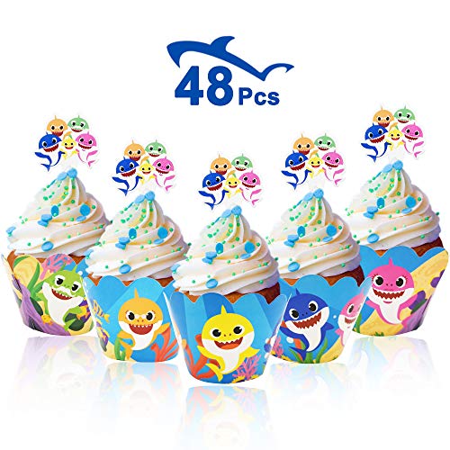 Bomcan 48 Pcs Baby Shark Cupcake Toppers and Wrappers, 24 Set Cute Shark Cupcake Liners & Decorations for 1st, 2nd Boys and Girls Birthday Party, Baby Shower, Shark Themed Party