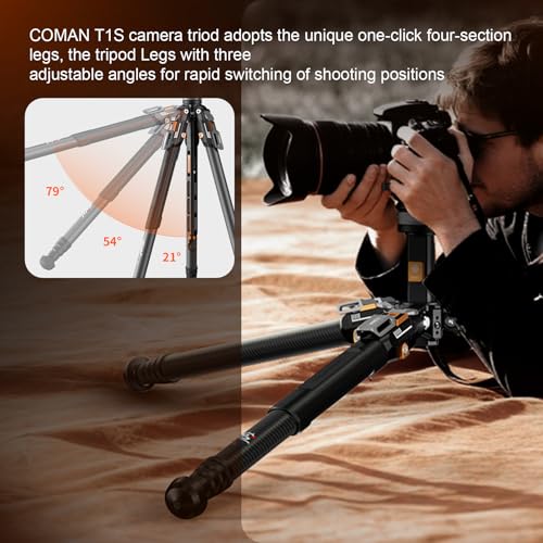 COMAN One Click Full Opening Carbon Fiber Photo Tripod, Professional Video Tripod, Quick Upgrade Ball Head, Max Height 165cm, Max Load Capacity 20kg (T1S)