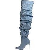 THESHY Women's Slouchy Over The Knee Boots Denim Pointed Toe Stiletto Heel Thigh High Boots Pleated Tall Fashion Sexy Bootie