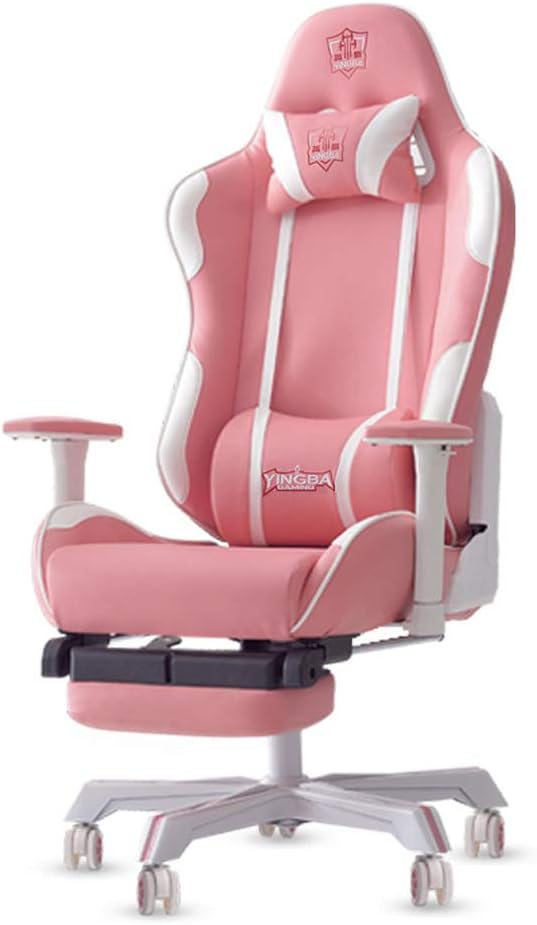 DFLY Ergonomic Office Chair with Footrest And Wheels, Home Comfortable Gaming Chair Pink, Height-Adjustable Comfortable Swivel Chair Armchair for Teens,With footrest