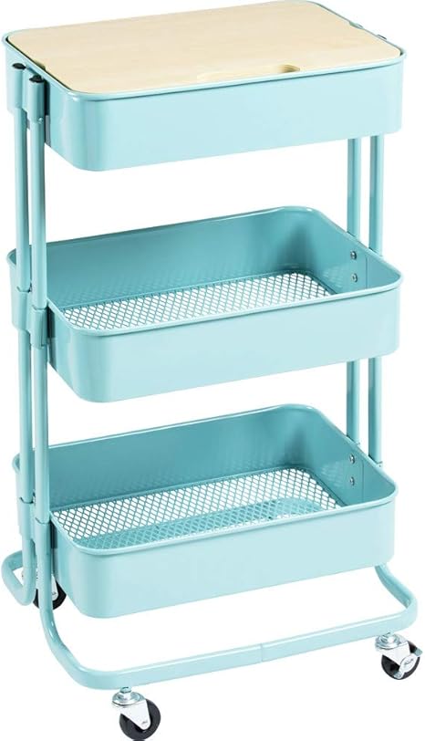 Amazon Co Jp アイリスプラザ キッチンワゴン 調味料ラック バスケットラック 木天板タイプ 収納ワゴン 3段 キャスター付 幅44 5 奥行35 高さ78cm ターコイズブルー