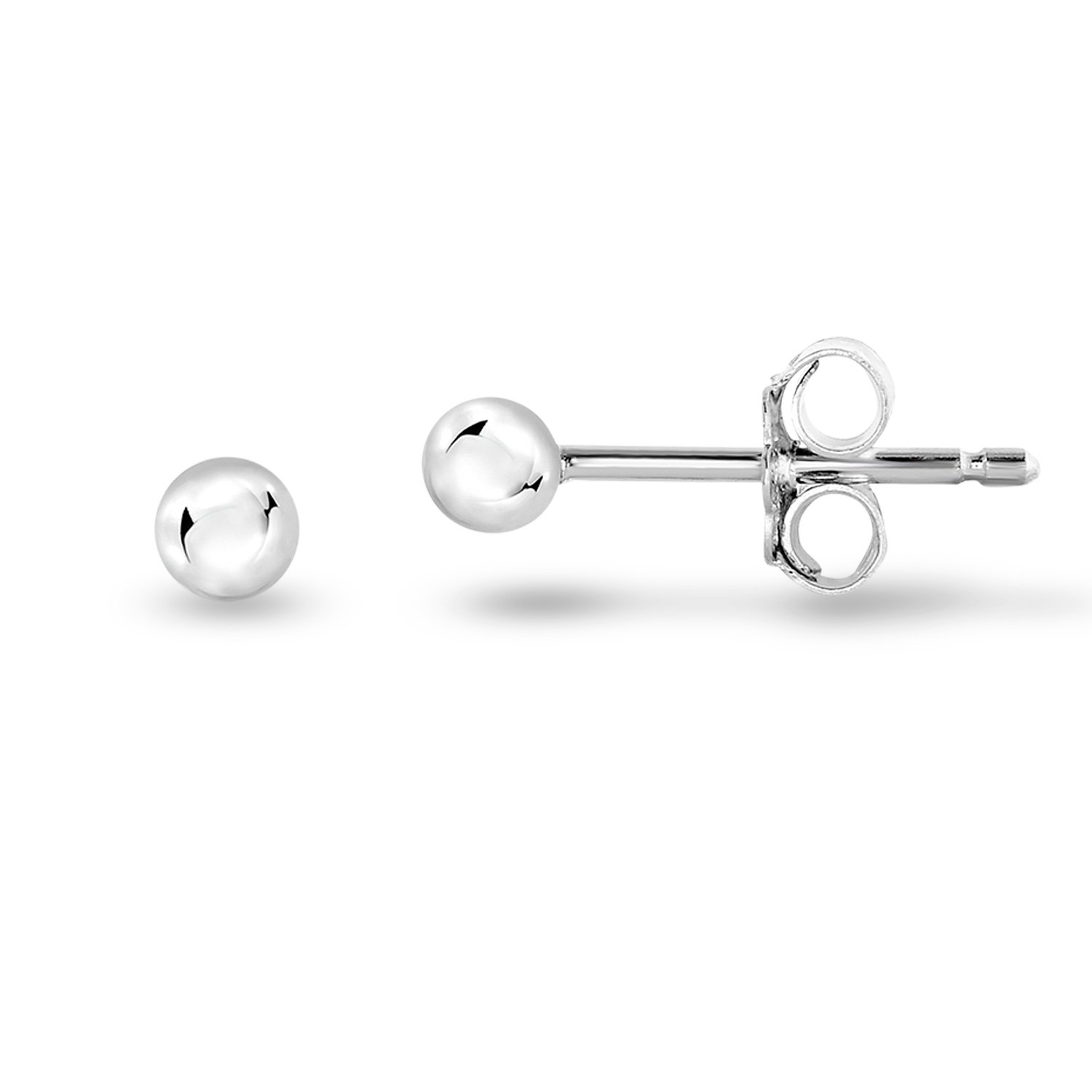 Rhodium Plated Sterling Silver Plain and Smooth Round Bead Ball-Shape Stud Earrings, 3mm