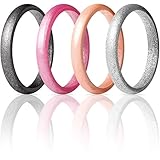 ThunderFit Women's Thin and Stackable 4 Pack Silicone Rings Wedding Bands 2.5mm Width - 2mm Thick (Metallic Pink, Rose Gold, Silver, Dark Silver, 5.5-6 (16.5mm))