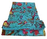 Bird Print Twin Size Kantha Quilt Sky Blue , Kantha Blanket, Bed Cover, Twin Kantha bedspread, Bohemian Bedding Kantha Size 60 Inch x 90 Inch