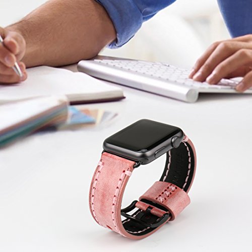 MAIKES Special Bridle Leather Apple Watch Strap for iWatch Apple Watch Band 42mm 38mm Series 3 2 1 Watchband (for Apple Watch 42mm, Red+Silver Buckle)