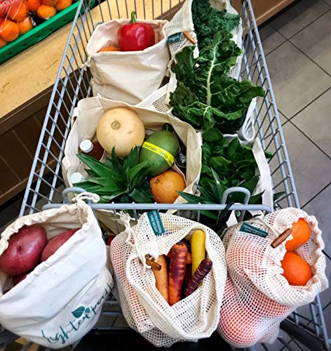 Earth Friendly Reusable Shopping Bags | 8 PC Set | Machine Washable | 100% Organic Cotton Grocery Bags Includes Sturdy Canvas Tote, 2 Shoulder Bags, 3 Mesh Produce Bags, 2 Bulk Bags
