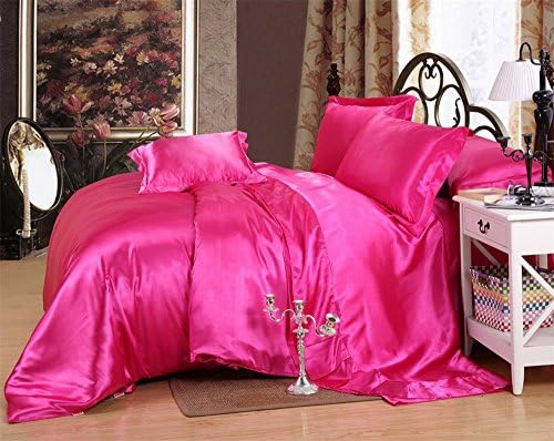 Kanak Bedding Luxurious Ultra Soft Silky Satin 7-Piece Bed Sheet Set with Duvet Set Queen, Hot pink
