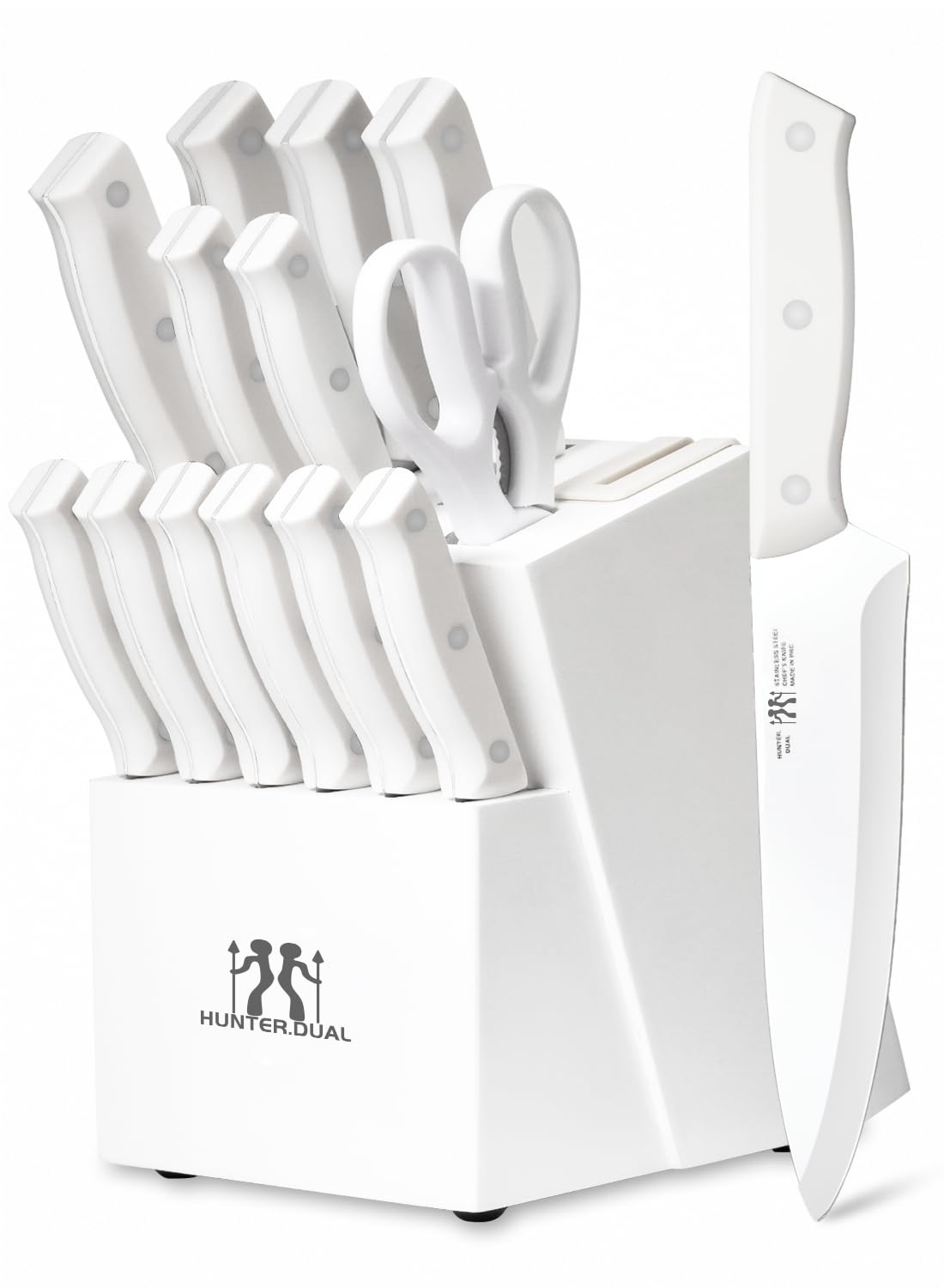 Photo 1 of Knife Set, HUNTER.DUAL 15 Piece Kitchen Knife Set with Block and Built-in sharpener, Dishwasher Safe, Anti-slip Handle, White