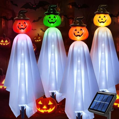 Homeleo Set of 4 Solar Powered Scary Ghost Pumpkin Lights for Halloween Decorations Outdoor Spooky Ghost Stake Lights for Haloween Outside Garden Porch Yard Walkway Pathway Decor