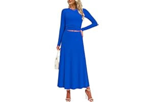 SLOWCOLIN Women's 2 Piece Outfits Ribbed Knit Two Piece Skirt Sets Long Sleeve Ruched Crop Top Maxi Flowy Skirts