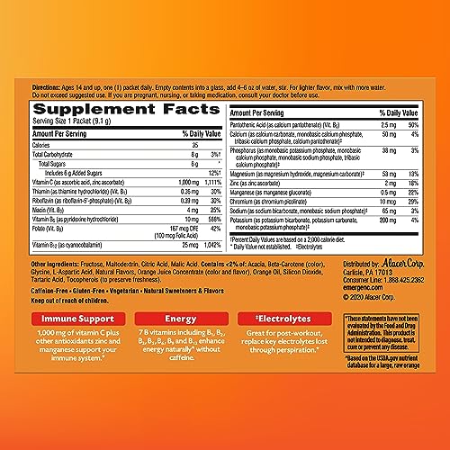 EMERGEN-C 1000MG VITAMIN C POWDER FOR DAILY IMMUNE SUPPORT CAFFEINE FREE VITAMIN C SUPPLEMENTS WITH ZINC AND MANGANESE, B VITAMINS AND ELECTROLYTES, SUPER ORANGE FLAVOR – 60 COUNT/2 MONTH SUPPLY
