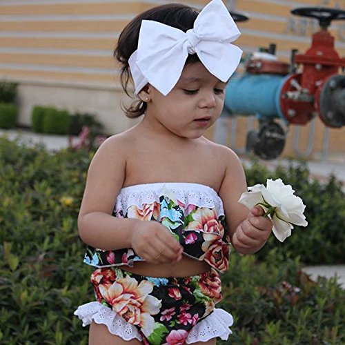 CaNIS Newborn Baby Girls Strapless Lace Ruffle Floral Tube Top and Shorts Outfit with Headband (18-24M, Black)