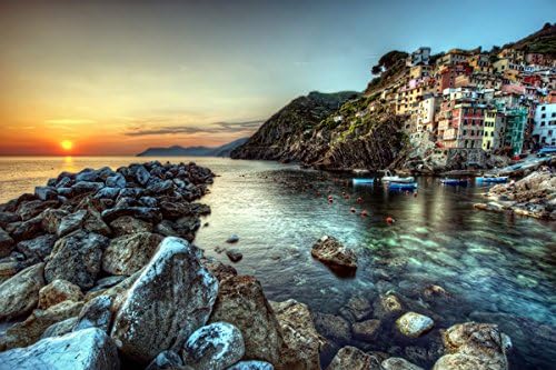 Italy Sunrises and sunsets Houses Stones Sea Coast Cinque Terre park Liguria (P-001618) - Poster Art Print on Canvas (36x24inch)