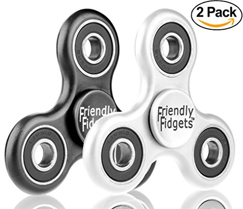 X2 Friendly Fidgets Fidget Spinner Two Pack Prime Stress Reducing EDC Tri Spinners Hand Fidget Toys for Kids and Adults with Anxiety 3 - 5 Minute Spin Times (Fidget Spinner 2 pack, Black / White)