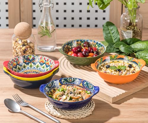 Henten Home Set of 6 Bowls with Handles, Salad Plates, Bohemian Style Bowls, 520 ml, Ceramic Pasta Plates for Pasta, Soups, Salads, Fruits