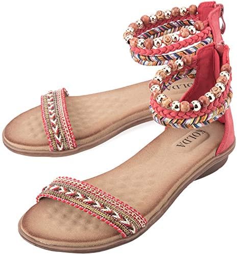 Women Boho Ankle Wrap Flat Sandals Braided Open Toe Flats Comfy Zipper Closure Shoes for Ladies Girls Memory Foam Footbed Arch Support, Black, Red, Khaki