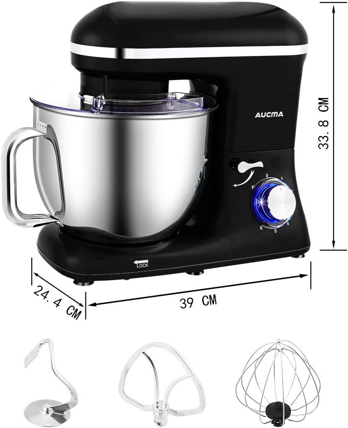 Aucma Stand Mixer,7L Tilt-Head Food Mixer, 6 Speed Electric Kitchen Mixer with Dough Hook, Wire Whip & Beater 1400W (7L, Black) - Image 3
